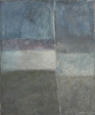 une image représentant un tableau accroché au mur, avec un ciel bleu en arrière-plan