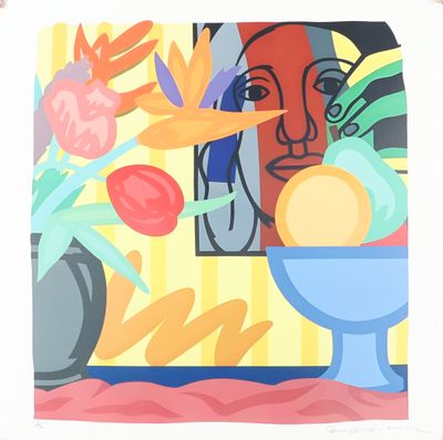 a picture of a painting of a woman with a vase of flowers