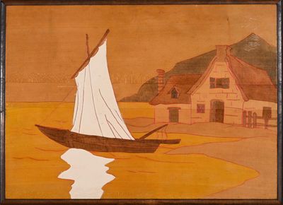 une image représentant un tableau où l'on voit un voilier devant une maison