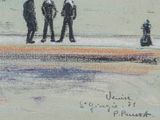 a drawing of a group of people standing on a beach