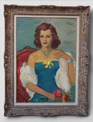 painting of a woman in a blue dress with a white shawl