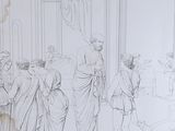 a drawing of a group of people standing in a room