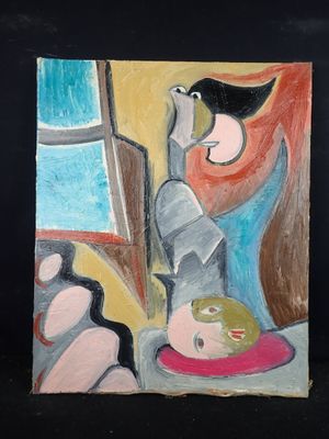 un tableau représentant une femme assise à une table devant une assiette de nourriture
