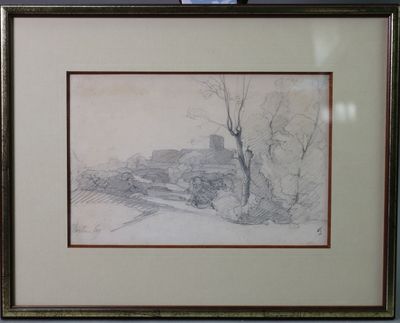 dessin représentant un paysage avec une maison et des arbres, dans un cadre
