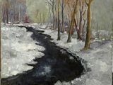 tableau représentant un ruisseau traversant une forêt enneigée en hiver
