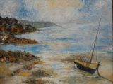 un tableau représentant un voilier au bord de l'eau