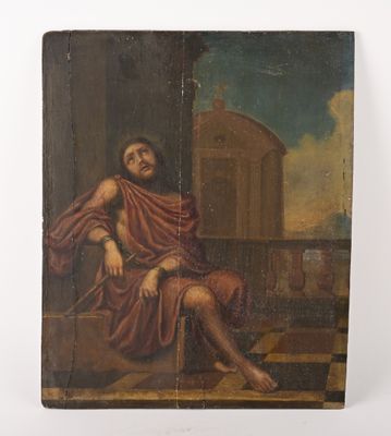 un tableau représentant un homme assis sur un rebord, avec un immeuble en arrière-plan