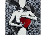 a painting of a woman holding a red heart in her hands