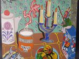 une peinture représentant une peinture d'une table sur laquelle se trouvent des plats