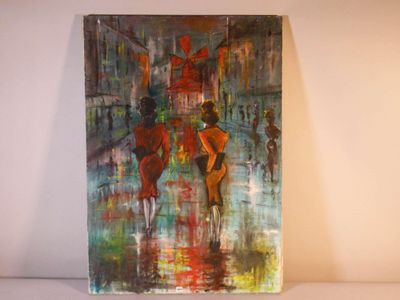 painting of a woman walking in the rain on a city street