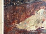 an oil painting of a woman sitting on a couch with a hat on