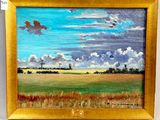 une peinture à l'huile représentant un champ avec des nuages dans le ciel