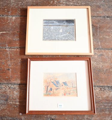 two framed pictures on a brick wall next to each other