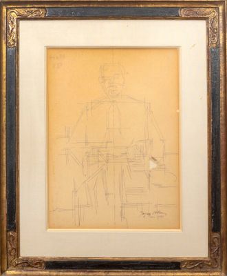 un dessin représentant un homme assis sur une chaise à une table