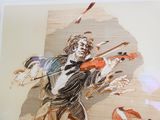 dessin représentant un homme jouant du violon, un arc et des flèches à la main