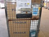 a metal cart with a sign on it in a warehouse