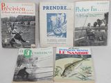 four books of french fishing and fishing magazines on a white surface