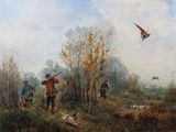 un tableau représentant un groupe d'hommes chassant avec un oiseau en vol
