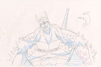 drawing of a cartoon character with a sword and armor on a white sheet
