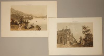 deux gravures anciennes représentant une église et une rivière