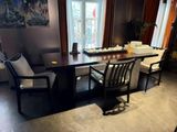 une table de salle à manger et des chaises devant une fenêtre