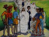 un tableau représentant un groupe de personnes debout ensemble