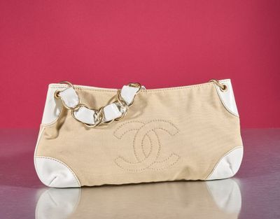 chanel beige and white canvas handbag with chain strap