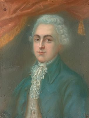 portrait d'un homme vêtu d'un manteau bleu et d'un col en dentelle blanche