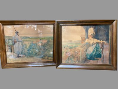 deux tableaux encadrés représentant une femme et un homme dans un paysage