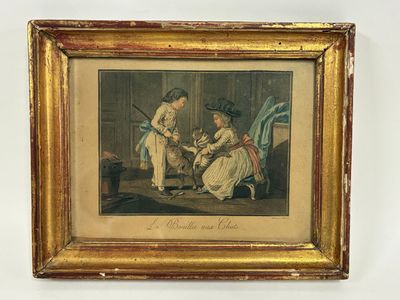 an old picture of two children playing with a cat in a room