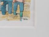 painting of two people sitting on a bench in front of a building
