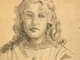 drawing of a young girl with curly hair and a collared shirt