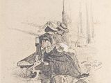 drawing of a woman sitting on a bench with a hat on