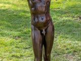 statue d'un homme faisant le signe de la paix dans un champ herbeux