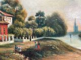 a painting of people walking on a path by a river
