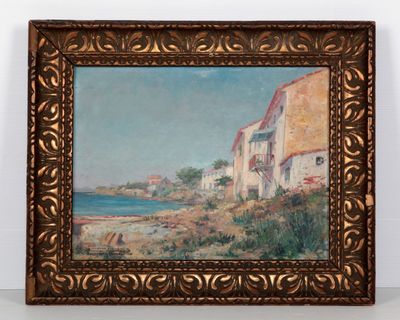 une peinture à l'huile représentant une scène de plage avec des maisons au bord de l'eau