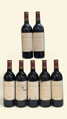 six bouteilles de vin rouge sont alignées sur une surface blanche