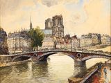 peinture d'un pont sur une rivière avec des bâtiments en arrière-plan