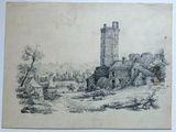 un vieux dessin représentant un château avec une tour en arrière-plan