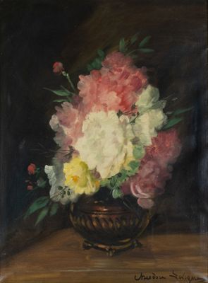 une peinture de fleurs dans un vase sur une table