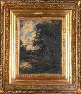 une peinture d'un paysage avec des arbres et une rivière au premier plan