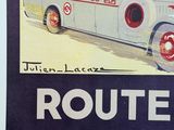 a poster of a bus with people riding in it