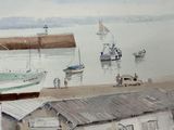 a watercolor painting of boats in a harbor