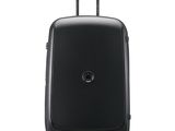 a black piece of luggage with wheels on a white background