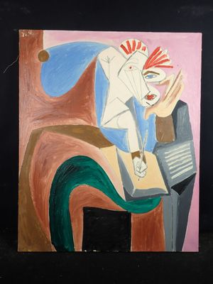 un tableau représentant une femme assise sur une chaise, un éventail à la main