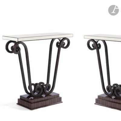 pair of wrought iron and glass console tables