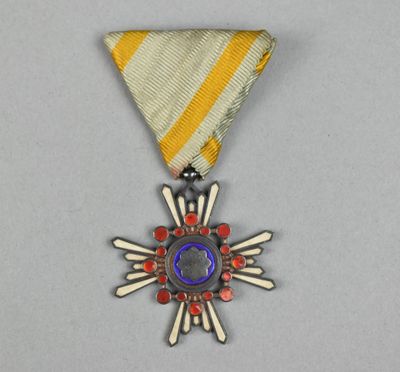 une médaille d'argent entourée d'un ruban jaune et blanc