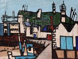 a painting of a painting of a harbor with boats