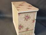 small wooden box with pink flowers and lace on it