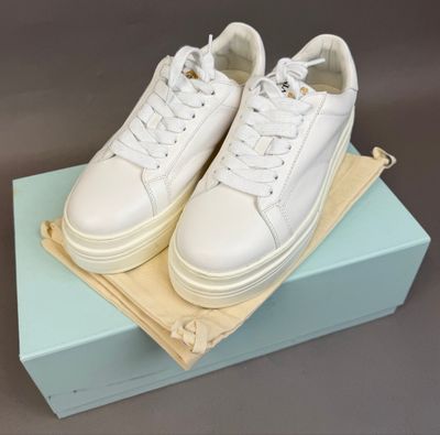 white sneakers on a box with a blue box in the background